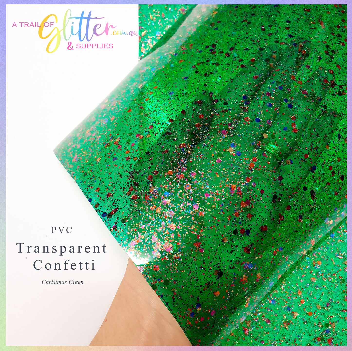 Transparent PVC - Green with colorful large glitter flakes/specs - PVC film.
