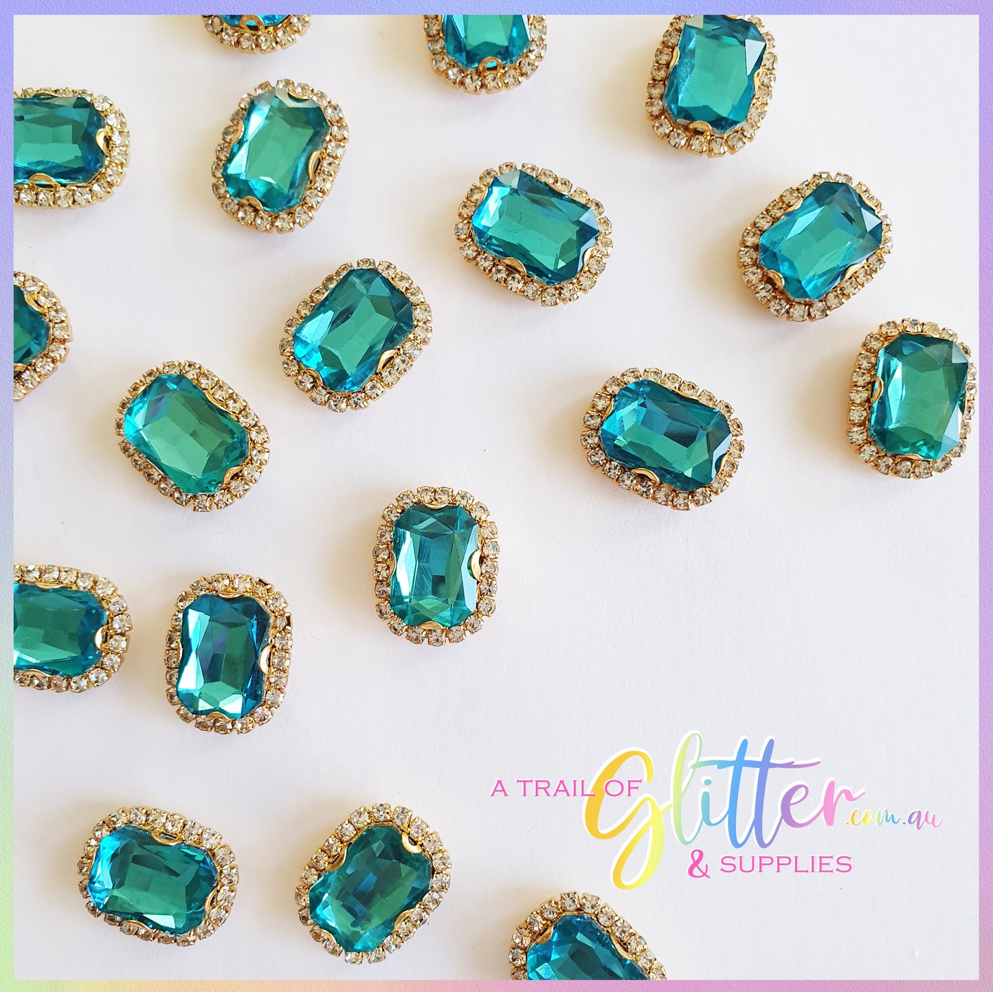 Rectangle Shape Rhinestones with gold claw setting - Lake Blue