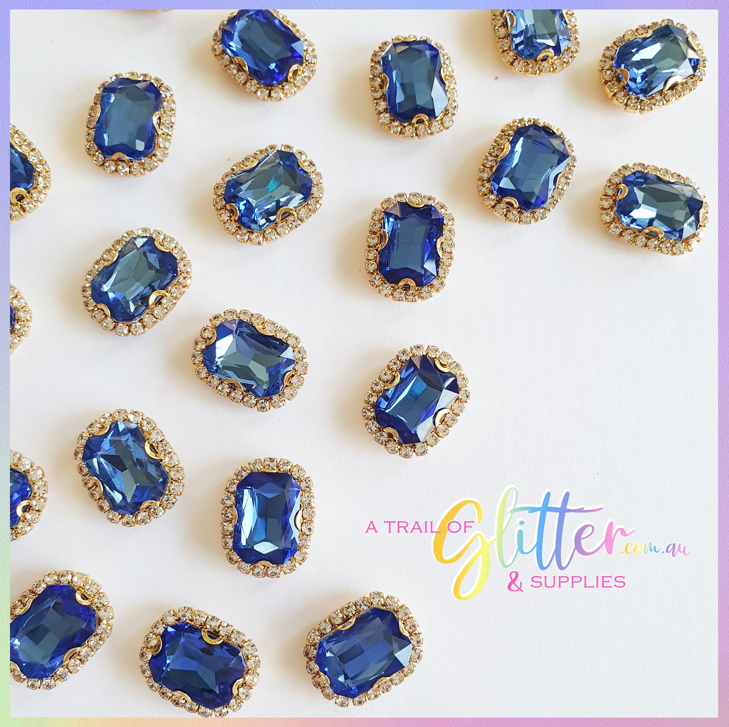 Rectangle Shape Rhinestones with gold claw setting - Light Blue