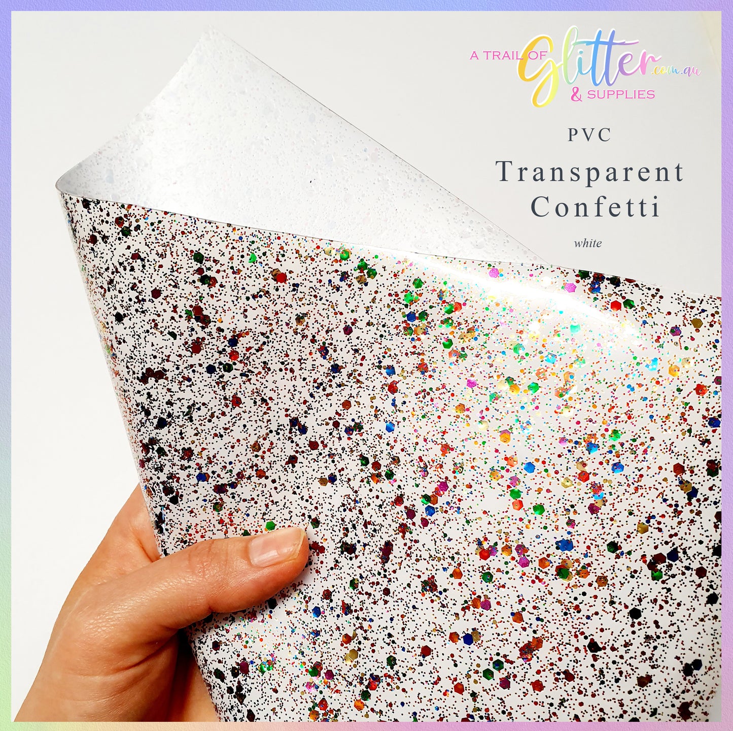Transparent PVC - Whitewith colorful large glitter flakes/specs - PVC film.