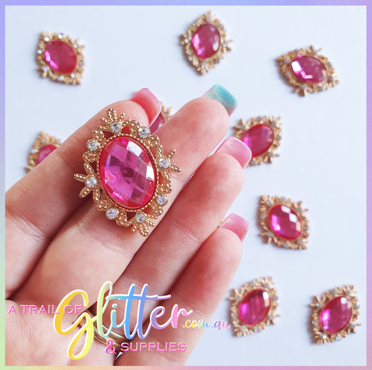 Oval/diamond Pearl Rhinestones with gold claw setting - Hot Pink