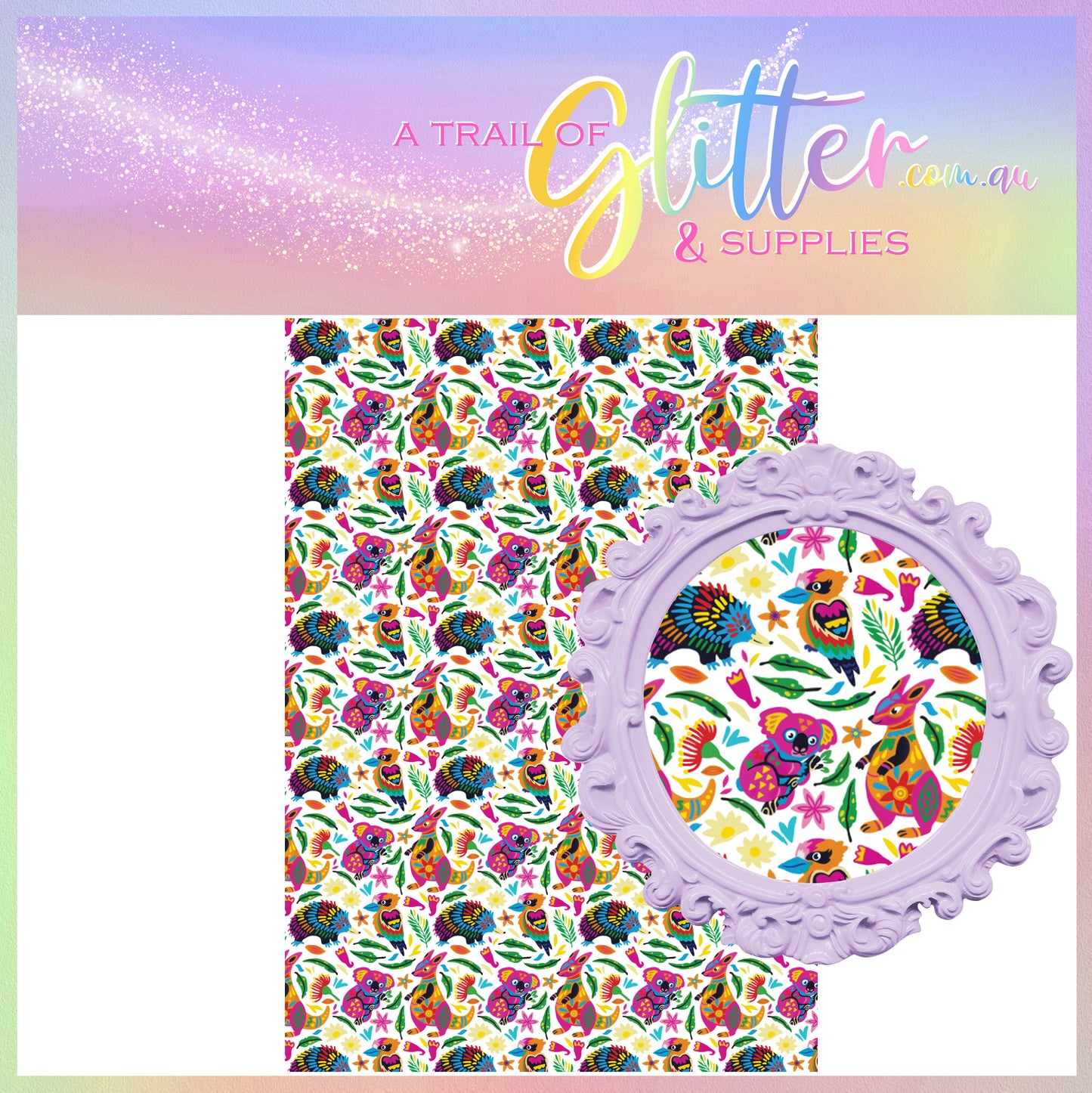 Colourful Aussie Animals litchi leather- A4 sheet or Roll