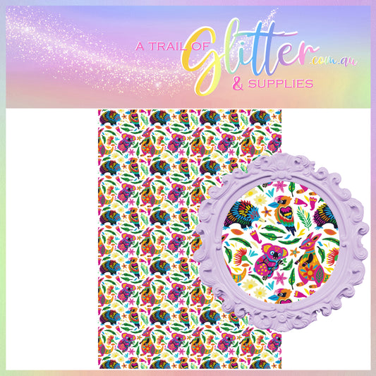 Colourful Aussie Animals litchi leather- A4 sheet or Roll