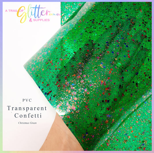 Transparent PVC - Green with colorful large glitter flakes/specs - PVC  film.