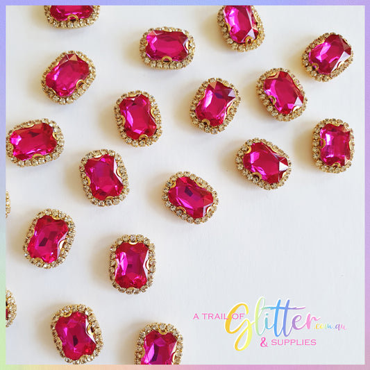 Rectangle Shape Rhinestones with gold claw setting - Hot Pink