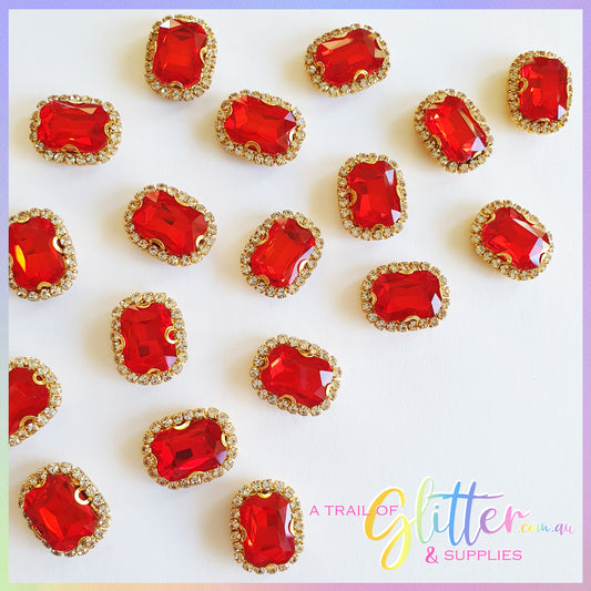 Rectangle Shape Rhinestones with gold claw setting - Red