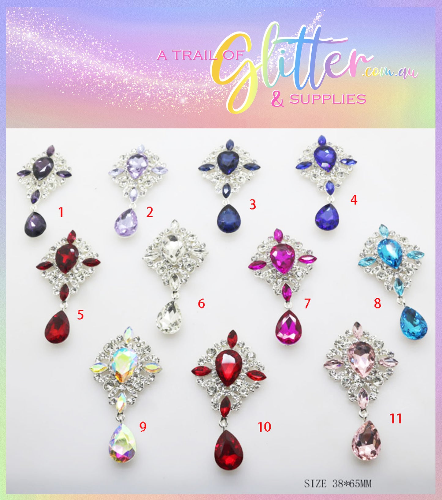 Alloy rhinestone Embellishment with teardrop rhinestone- ALL COLOURS LISTED INSIDE.