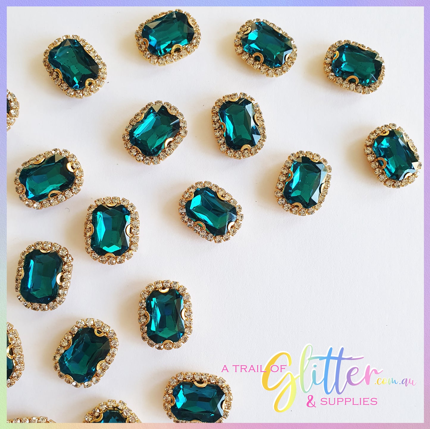Rectangle Shape Rhinestones with gold claw setting - Peacock Blue