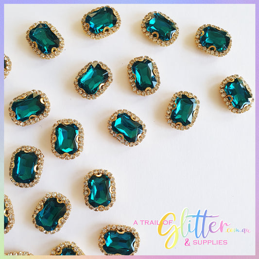 Rectangle Shape Rhinestones with gold claw setting - Peacock Blue
