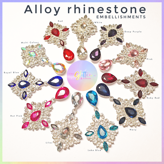 Alloy rhinestone Embellishment with teardrop rhinestone- ALL COLOURS LISTED INSIDE.