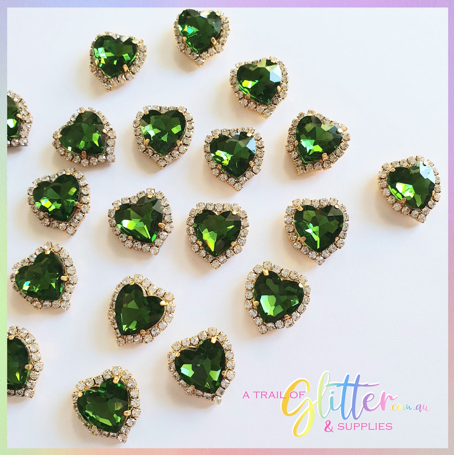 Heart Shape Rhinestones with gold claw setting - Grass Green