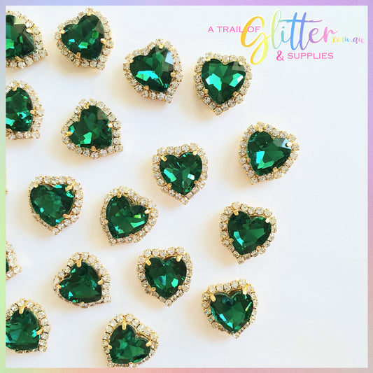 Heart Shape Rhinestones with gold claw setting - Peacock Green