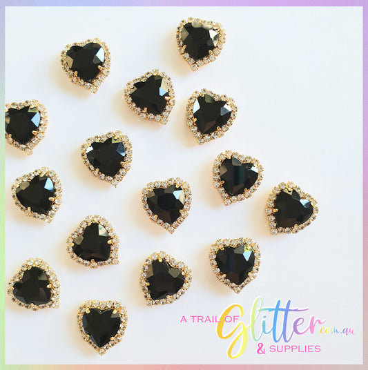 Heart Shape Rhinestones with gold claw setting - Black