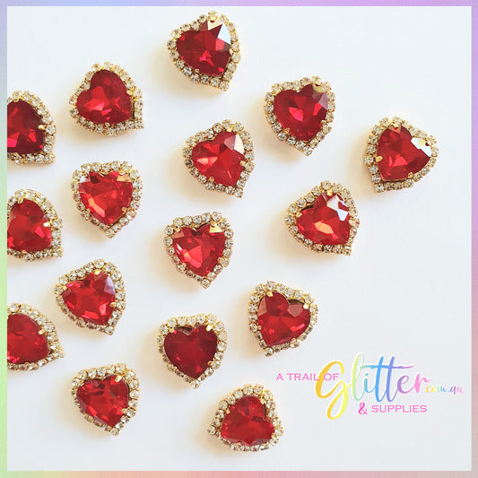 Heart Shape Rhinestones with gold claw setting - RED