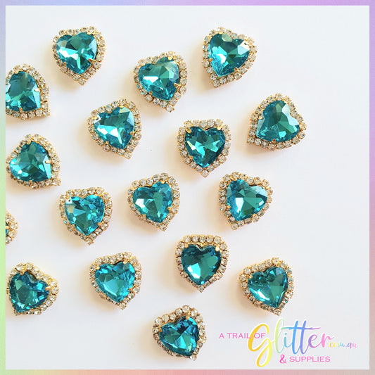 Heart Shape Rhinestones with gold claw setting - Lake Blue