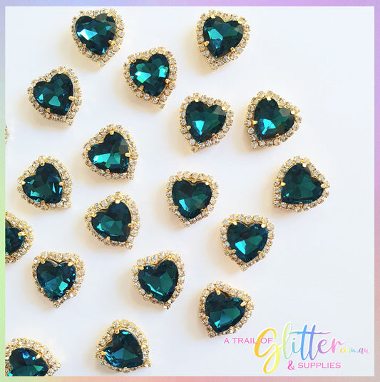 Heart Shape Rhinestones with gold claw setting -Peacock Blue
