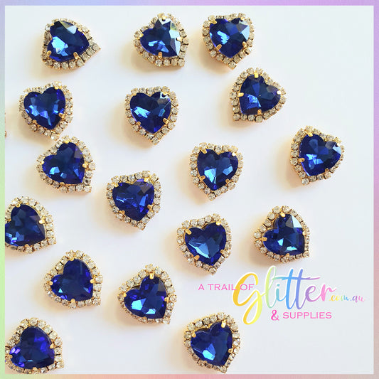 Heart Shape Rhinestones with gold claw setting - Royal Blue