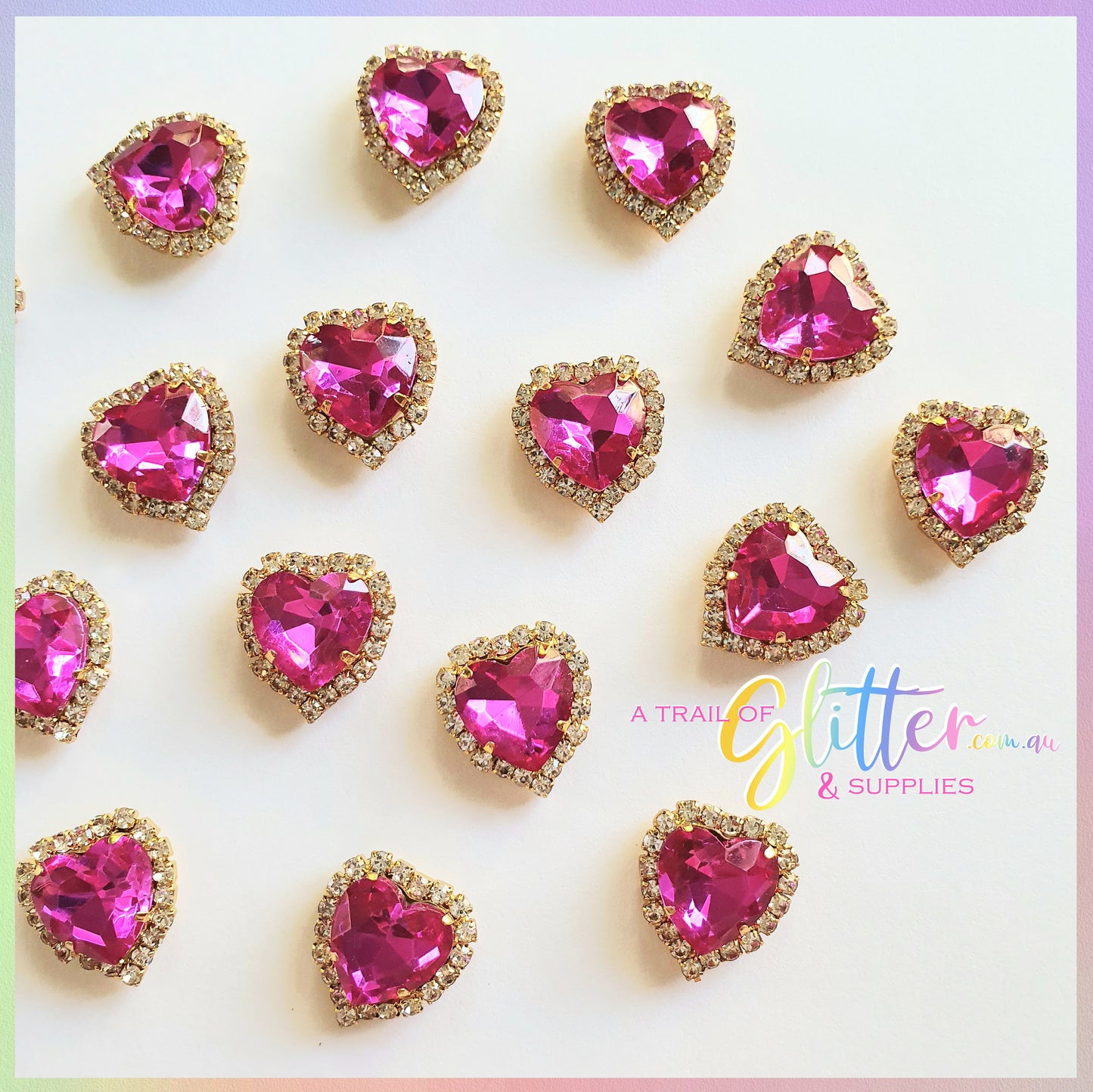 Heart Shape Rhinestones with gold claw setting - Hot Pink