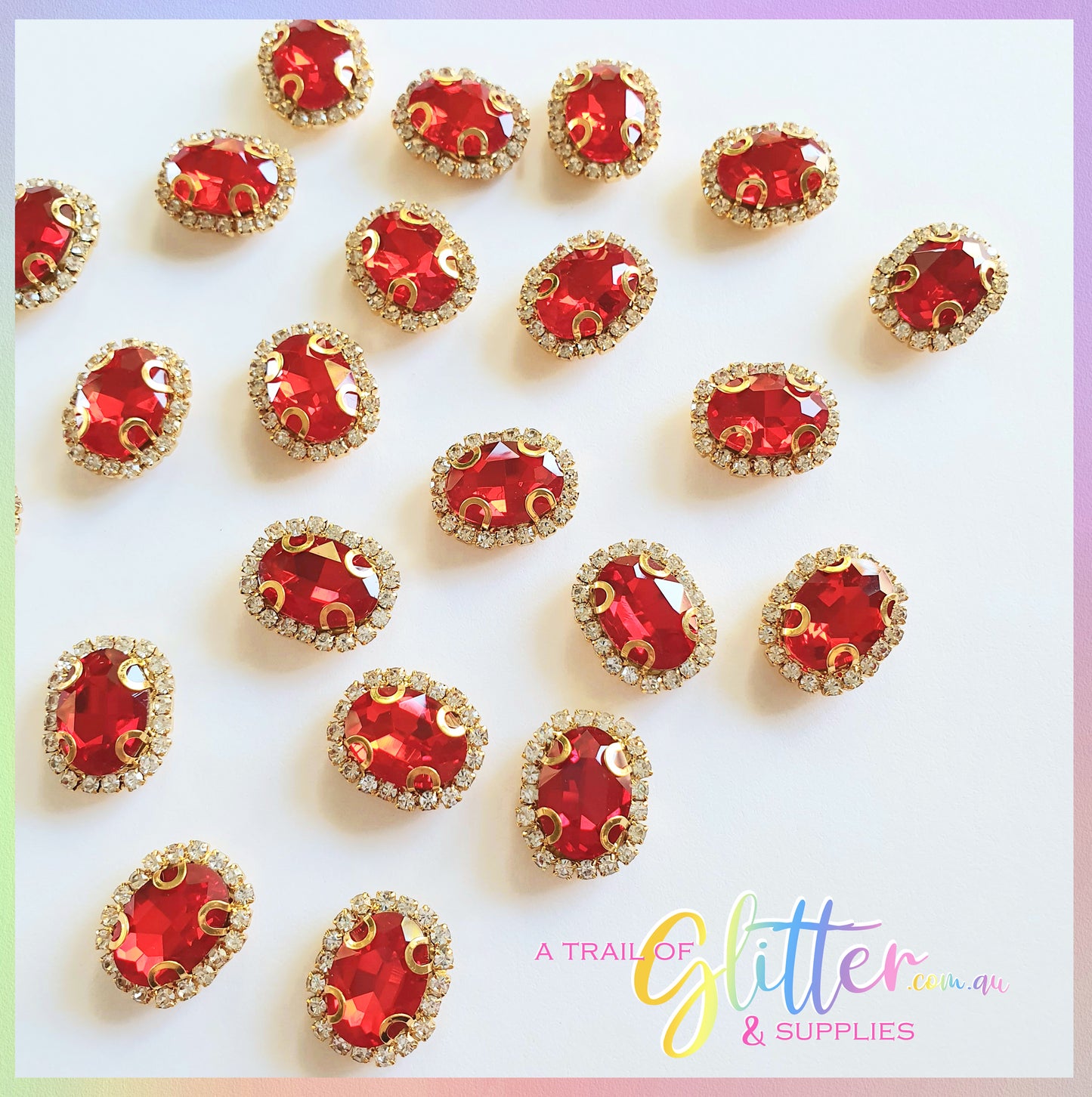 Oval Shape Rhinestones with gold claw setting - Red