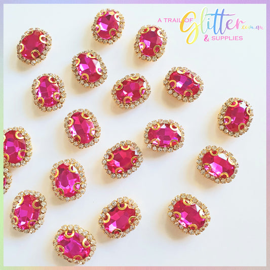 Oval Shape Rhinestones with gold claw setting - Hot Pink
