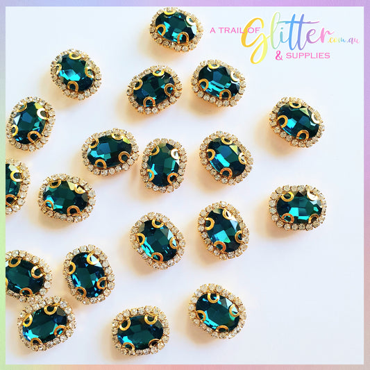 Oval Shape Rhinestones with gold claw setting - Peacock blue