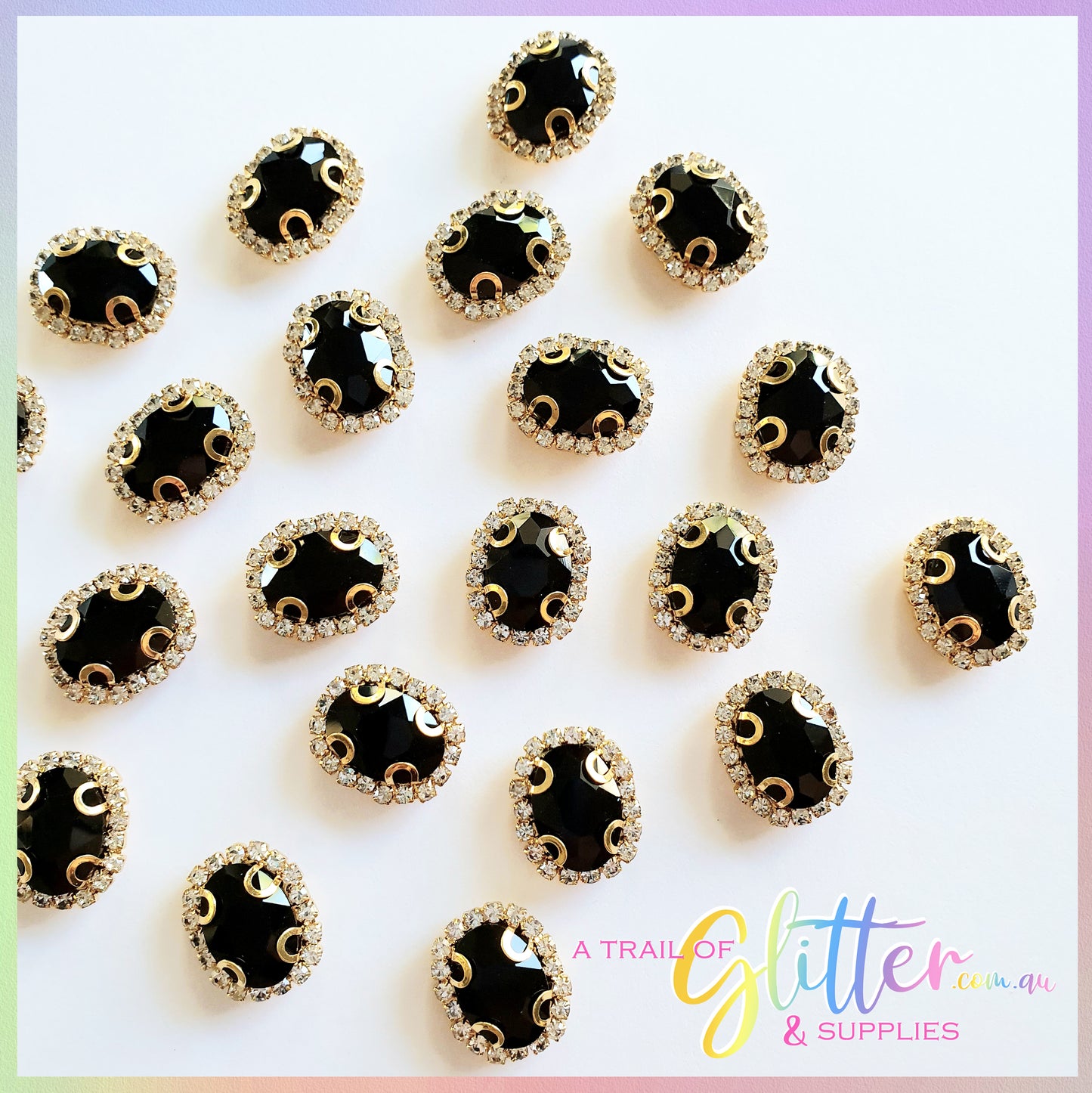 Oval Shape Rhinestones with gold claw setting - Black