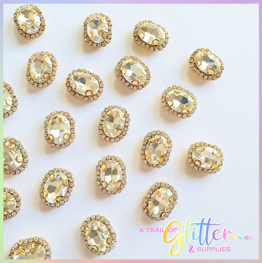 Oval Shape Rhinestones with gold claw setting - White