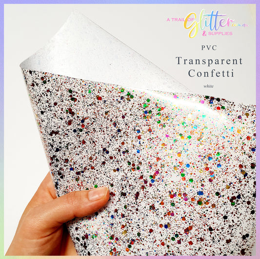 Transparent PVC - Whitewith colorful large glitter flakes/specs - PVC  film.